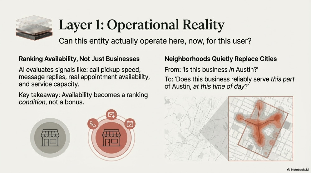 Infographic for 'Layer 1: Operational Reality' explaining how AI ranks businesses based on real-time availability and granular neighborhood service patterns rather than broad city-wide data