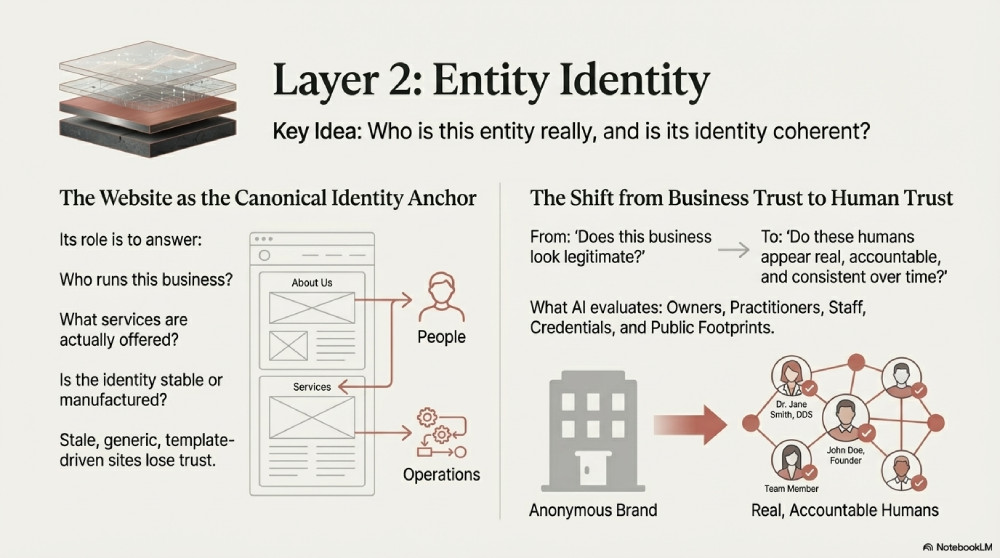 Infographic for 'Layer 2: Entity Identity' highlighting the website as a canonical identity anchor and the shift from anonymous brand trust to trust in real, accountable humans like owners and staff.